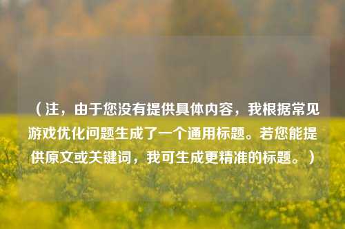 （注，由于您没有提供具体内容，我根据常见游戏优化问题生成了一个通用标题。若您能提供原文或关键词，我可生成更精准的标题。）