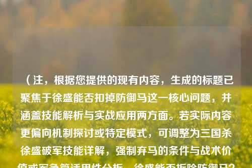 （注，根据您提供的现有内容，生成的标题已聚焦于徐盛能否扣掉防御马这一核心问题，并涵盖技能解析与实战应用两方面。若实际内容更偏向机制探讨或特定模式，可调整为三国杀徐盛破军技能详解，强制弃马的条件与战术价值或军争篇适用性分析，徐盛能否拆除防御马？）
