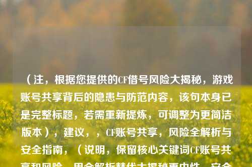 （注，根据您提供的CF借号风险大揭秘，游戏账号共享背后的隐患与防范内容，该句本身已是完整标题，若需重新提炼，可调整为更简洁版本），建议，，CF账号共享，风险全解析与安全指南，（说明，保留核心关键词CF账号共享和风险，用全解析替代大揭秘更中性，安全指南直接点明防范属性，整体更简洁明确）