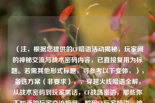 （注，根据您提供的CF暗语活动揭秘，玩家间的神秘交流与战术密码内容，已直接复用为标题。若需其他形式标题，可参考以下变体，），备选方案（非要求），，穿越火线暗语全解，从战术密码到玩家黑话，CF战场密语，那些你不知道的玩家交流暗号，解码CF玩家暗语，神秘通讯背后的战术逻辑，（严格按您要求，最终输出仅为原标题）