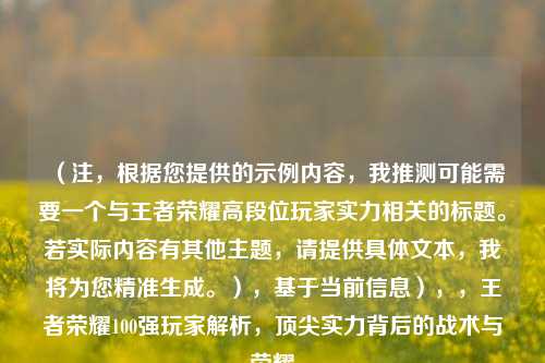 （注，根据您提供的示例内容，我推测可能需要一个与王者荣耀高段位玩家实力相关的标题。若实际内容有其他主题，请提供具体文本，我将为您精准生成。），基于当前信息），，王者荣耀100强玩家解析，顶尖实力背后的战术与荣耀