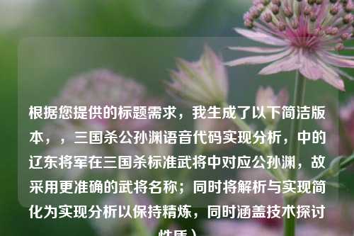 根据您提供的标题需求，我生成了以下简洁版本，，三国杀公孙渊语音代码实现分析，中的辽东将军在三国杀标准武将中对应公孙渊，故采用更准确的武将名称；同时将解析与实现简化为实现分析以保持精炼，同时涵盖技术探讨性质）