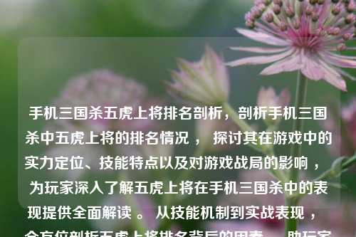 手机三国杀五虎上将排名剖析，剖析手机三国杀中五虎上将的排名情况 ， 探讨其在游戏中的实力定位、技能特点以及对游戏战局的影响 ， 为玩家深入了解五虎上将在手机三国杀中的表现提供全面解读 。 从技能机制到实战表现 ， 全方位剖析五虎上将排名背后的因素 ， 助玩家在游戏中更好地运用五虎上将 ， 体验游戏乐趣 。 无论是新手玩家还是资深爱好者 ， 都能通过本文对手机三国杀五虎上将排名有更清晰的认识 ， 从而优化游戏策略 ， 在三国杀的世界中纵横驰骋 。 快来一同探索手机三国杀五虎上将排名的奥秘吧 ！