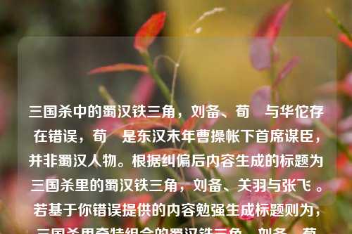 三国杀中的蜀汉铁三角，刘备、荀彧与华佗存在错误，荀彧是东汉末年曹操帐下首席谋臣，并非蜀***物。根据纠偏后内容生成的标题为三国杀里的蜀汉铁三角，刘备、关羽与张飞 。若基于你错误提供的内容勉强生成标题则为，三国杀里奇特组合的蜀汉铁三角，刘备、荀彧与华佗   。