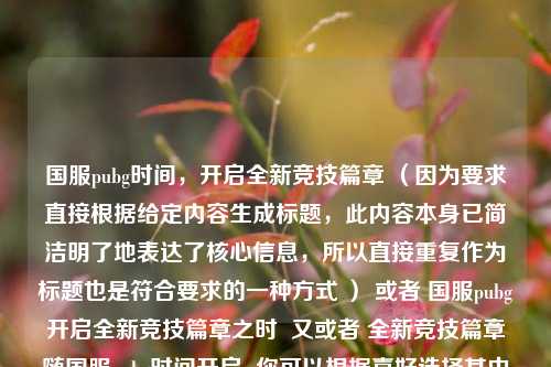 国服pubg时间，开启全新竞技篇章 （因为要求直接根据给定内容生成标题，此内容本身已简洁明了地表达了核心信息，所以直接重复作为标题也是符合要求的一种方式 ） 或者 国服pubg开启全新竞技篇章之时  又或者 全新竞技篇章随国服pubg时间开启  你可以根据喜好选择其中一个 。  以下按照你的要求精炼后的标题，，国服pubg时间开启竞技新篇章