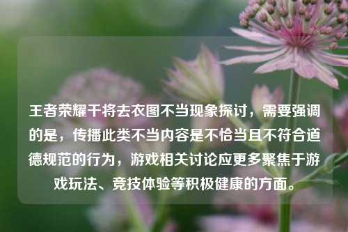 王者荣耀干将去衣图不当现象探讨，需要强调的是，传播此类不当内容是不恰当且不符合道德规范的行为，游戏相关讨论应更多聚焦于游戏玩法、竞技体验等积极健康的方面。
