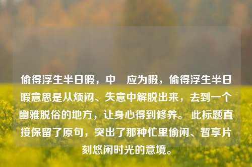 偷得浮生半日暇，中睱应为暇，偷得浮生半日暇意思是从烦闷、失意中解脱出来，去到一个幽雅脱俗的地方，让身心得到修养。 此标题直接保留了原句，突出了那种忙里偷闲、暂享片刻悠闲时光的意境。