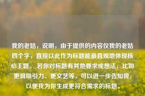 我的老姑，说明，由于提供的内容仅我的老姑四个字，直接以此作为标题能最直观地体现核心主题。 若你对标题有其他要求或想法，比如更具吸引力、更文艺等，可以进一步告知我，以便我为你生成更符合需求的标题。