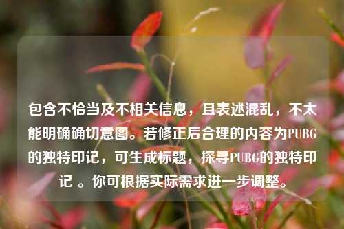 包含不恰当及不相关信息，且表述混乱，不太能明确确切意图。若修正后合理的内容为PUBG的独特印记，可生成标题，探寻PUBG的独特印记 。你可根据实际需求进一步调整。